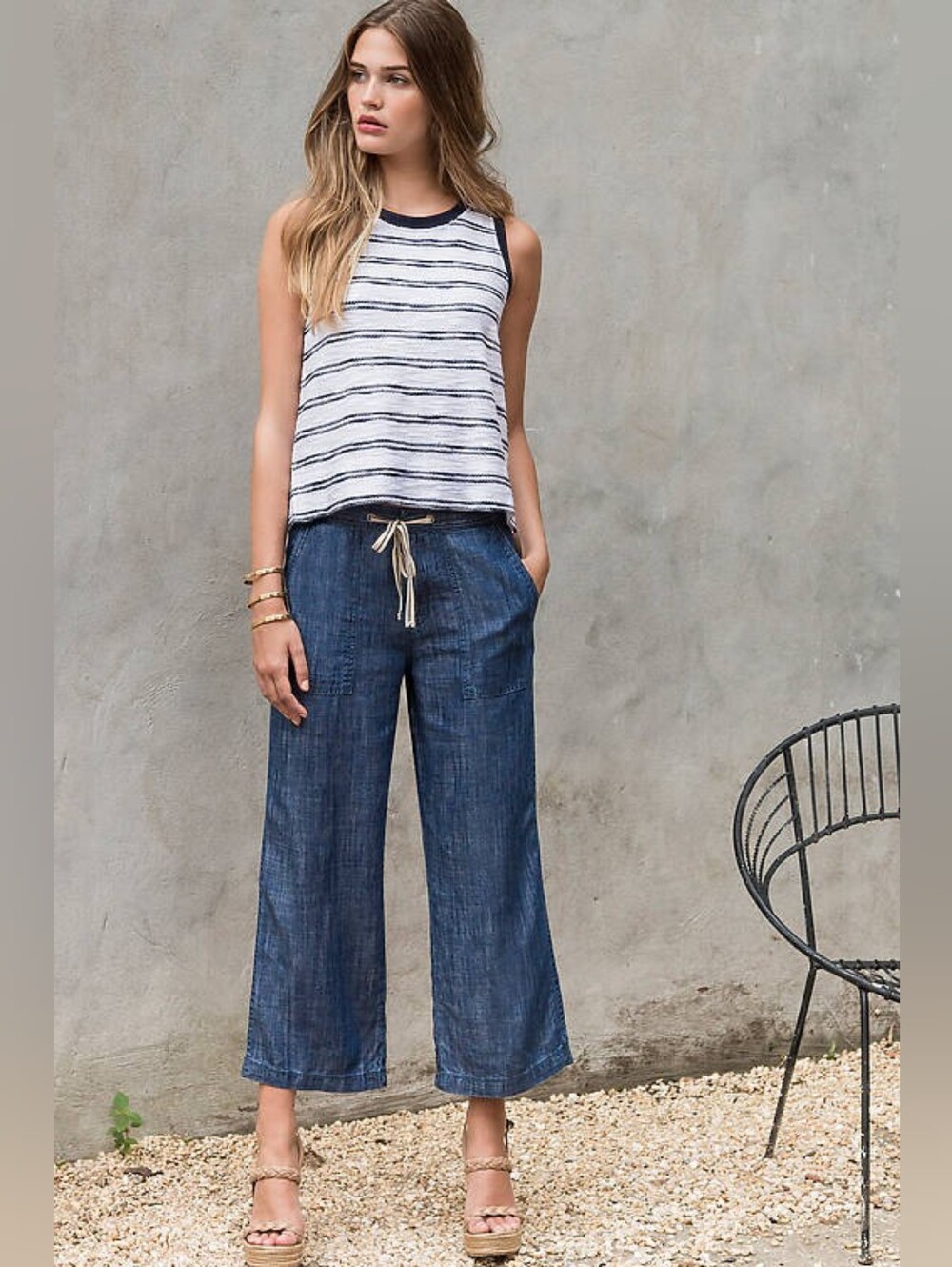 Lilla P Indigo Dyed Chambray Drawstring Wide Leg Pants Tencel Linen Blend M